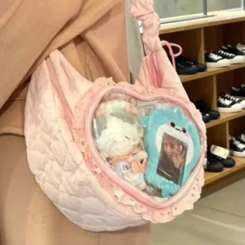 Cute Womens Shoulder Bag Pleated Love Heart Lolita Jk Ita Bag Drawstring Ballet Style Sweet Fashion Female Handbag Pink