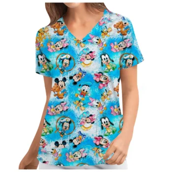 Pocket Woman Clothes Stitch T Shirt Hospital T-shirts Summer Tops Minnie Mouse Mickey T-shirt Nurse Uniform Top Women 2024 Tees