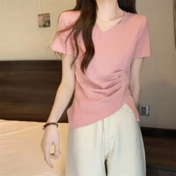 Pink Summer Simple Solid V-neck Cinched Waist Slit Short Sleeved T-shirt Asymmetric Crop Top Irregular Wrinkled Women Clothes