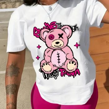 Bear Print Crew Neck T-Shirt Casual Short Sleeve T-Shirt for Spring & Summer Women's Clothing Aesthetic Clothes